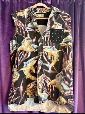 Altered Vintage Rook Button Down Oxford with Shark Skull Print Studded Pocket